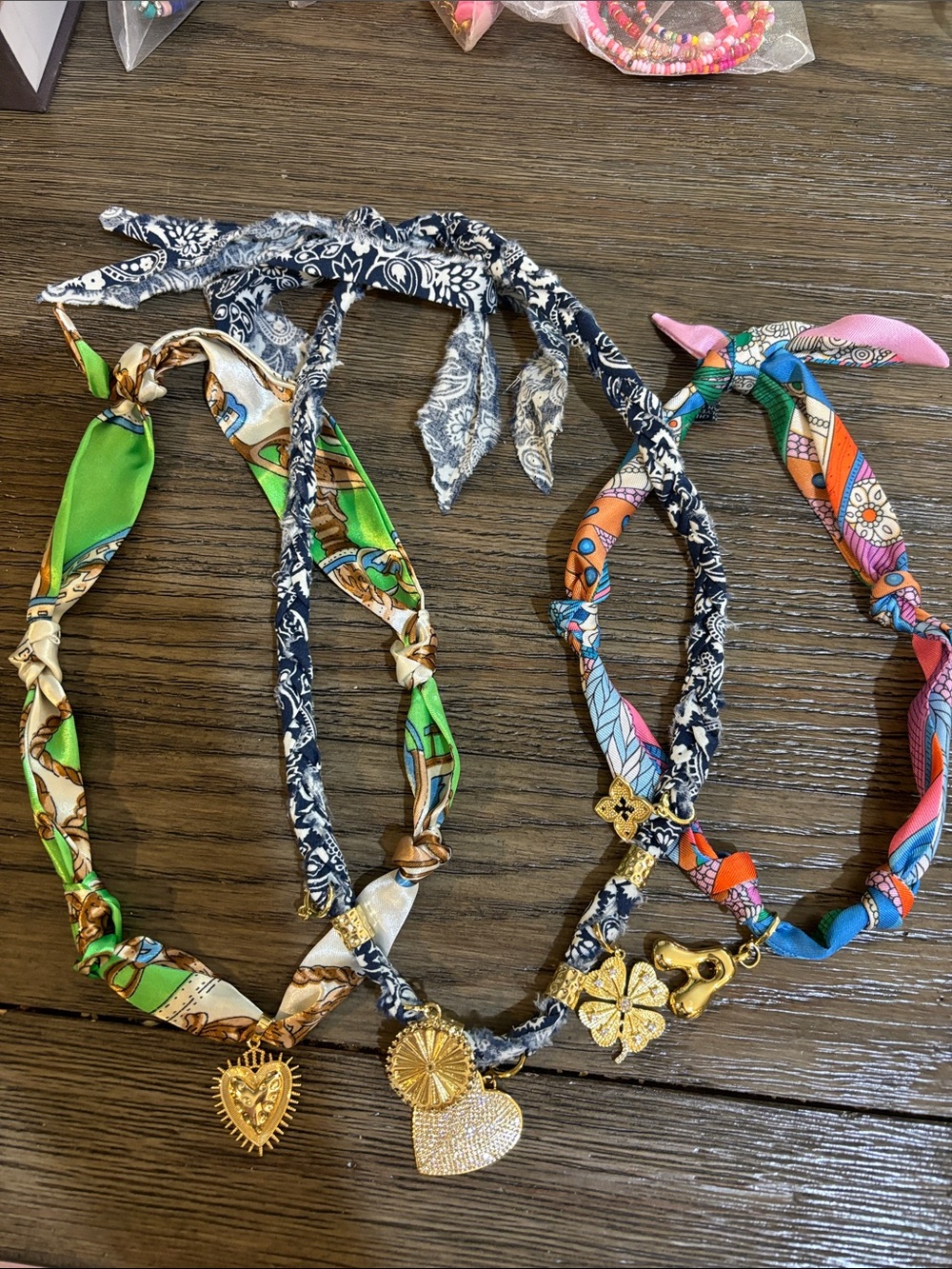 Gold Charm Scarf Necklace with Heart and Clover Charms - Multicolor